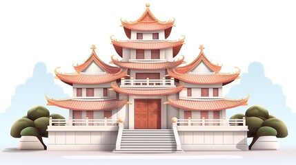 Pagoda building rendering style white background.AI generated image