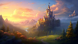 Fototapeta Fototapety z naturą - Old fairytale castle on the hill. Fantasy landscape illustration.ai generative