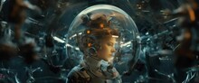 Portrait Of Female Astronaut Inside Spaceship Cockpit. Sci-fi Space Exploration Concept. Anamorphic 4k Footage