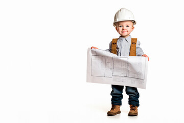 Young Architect in the Making. Playful Child with Blueprints, Nurturing Early Design Skills. Carnival Costume 