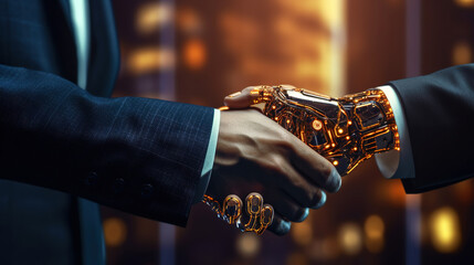 Business handshake of human and robot. Collaboration of artificial intelligence and man. Generative AI