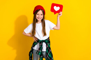 Sticker - Photo portrait of cute little girl hand waist hold red heart notification dressed stylish white clothes isolated on yellow color background