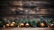 Festive Christmas garland with golden ornaments on rustic wood, large copy space above. Generative AI