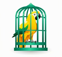 A Colorful Parrot In A Green Cage