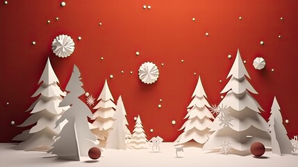 Creative red design of  party background with Christmas tree. Template for advertising, web, social media and fashion ads. Poster, flyer, greeting card. AI generative