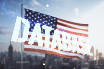 Wall Mural - double exposure of database word sign on us flag and skyline background, global research and analyti