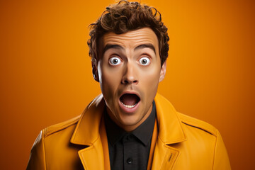  Surprised man expressing wonder, his eyes wide with amazement, in an orange background, Generative AI 