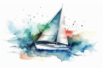 Watercolor sailboat for a nautical-themed Birthday celebration on white. AI generated