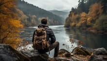 Generative AI, Backpacker In Autumn Landscape, Traveler Man Tourist With Backpack Hiking In Mountains