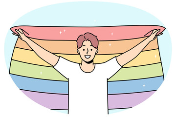 Smiling young man with LGBTq flag show support on pride parade. Happy guy express freedom of love. Homosexuality concept. Vector illustration.