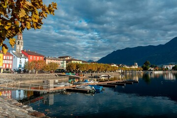 Sticker - Idyllic autumn scene of a lake promenade in Ascona, Switzerland