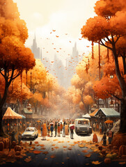 Wall Mural - A Surreal Illustration of an Impromptu Community Parade Celebrating the Colors of Fall