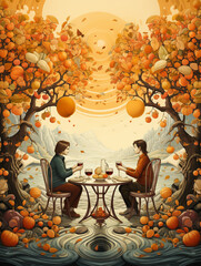 Wall Mural - A Surreal Illustration of Friends Toasting with Mugs of Hot Apple Cider Under a Canopy of Red and Orange Trees