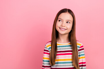 Sticker - Photo of small charming kid girl kindergarten dreaming looking watching novelty party her friends isolated on pastel pink color background