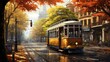  a painting of a trolley on a city street in autumn.  generative ai