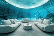© artemstepanov - Underwater Hotel, Luxury Room Under Water, Aquatic Bedroom in Aquarium, Abstract Generative AI Illustration
