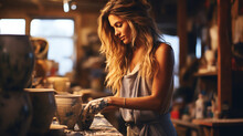 Woman With A Ceramic Mug, Crafting Pottery. Artisan's Focus. A Lady In A Rustic Workshop, Molding Clay And Passion Into Tangible Form