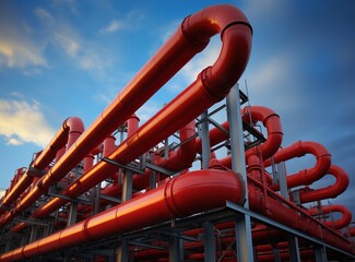 Wall Mural - Steel pipelines and fittings in red close up, industrial pipe with gas or oil against the blue sky production industry oil pipeline Generative AI