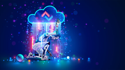 Aufkleber - AI robot working with data in digital cloud storage. Robot holds cloud of data. Technology network communication, data processing by artificial intelligence. Cloud computing with AI technology