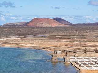 Sticker - Mirador de las salinas in Lanzarote in Spain. Salinas for extracting the sea salt from the sea.