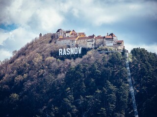 Poster - a castle on top of a mountain next to a forest