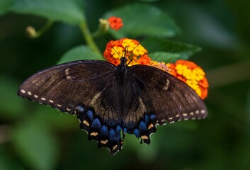 Sticker - Closeup of a beautiful black swallowtail butterfly sitting on delicate flowerheads in a garden