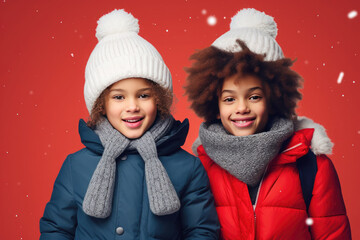 An African American boy in a red winter jacket and scarf stands next to a stylish girl in a blue down jacket and a white hat on a red background.