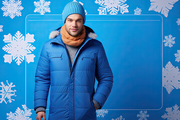 Wall Mural - A man in a winter down jacket and a knitted hat stands on a blue background with snowflakes. Free space for product placement or advertising text.