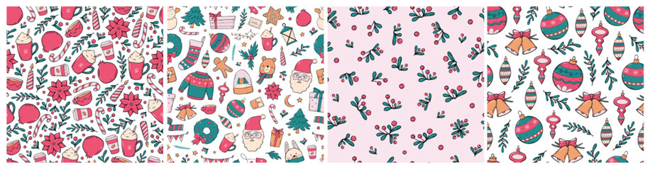 Wall Mural - set of 4 Christmas seamless patterns with doodles for textile prints, wallpaper, gift wrapping paper, packaging, backgrounds, scrapbooking, stationary, etc. EPS 10