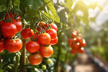 Wall Mural - Fresh red tomato bunch on tree branch at agriculture field.