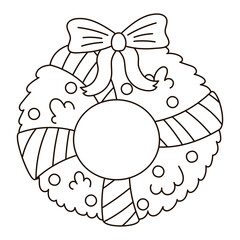 Wall Mural - Christmas door wreath with bow coloring page for kids, holiday themed black and white new year decoration element for postcard design