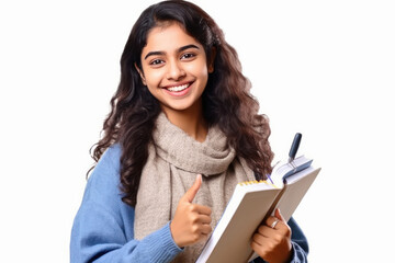 Wall Mural - Indian college girl student smiling and showing thumps up