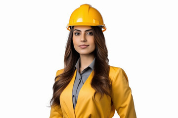 Wall Mural - Young and confident female engineer wearing hard hat standing on white background.