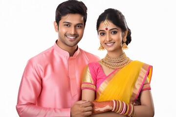 Wall Mural - Young indian couple in traditional wear and giving happy expression