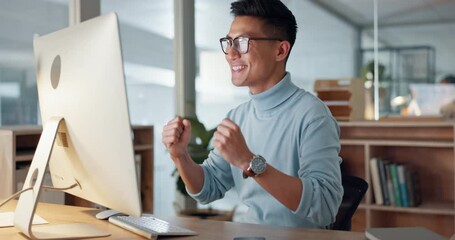 Business man, winner and computer for success, winning and goals of stock market increase, sales or profit. Professional asian trader with fist and yes for email news or trading on desktop in office