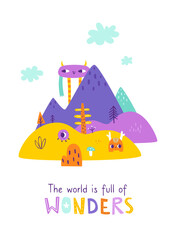 Wall Mural - print with cute monsters in wonderland. scandinavian poster with colorful friendly monsters in the m