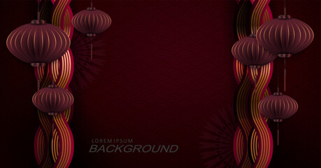 Wall Mural - Illustration with air lanterns in paper art style on a dark red background