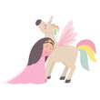 The princess hugs the unicorn cute childrens fairy tale characters. Flat cartoon vector illustration.