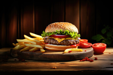 Wall Mural - Delicious hamburger with cheese, tomato, lettuce french fries on a dark wooden background, close up