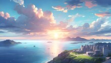 Clouds Scattered On The Hills In The Seascape.anime Style.Generative AI