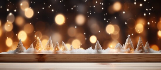 Wall Mural - Wooden table with warm living room decor Christmas tree lights and snowy background Holiday backdrop for advertising