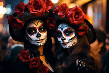 Portrait Of Two Women Dressed Up For All Saints' Day, Typical Costumes Of Mexico.
