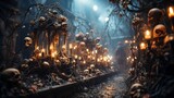 Fototapeta  - On a wintery night in a mysterious forest, a group of skulls surrounded by candles casts a gentle yet eerie light, evoking a sense of christmas magic and foreboding