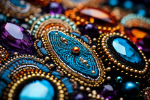 Macro Photography Showcasing Bead Embroidery Details On Diverse Textile Backgrounds 