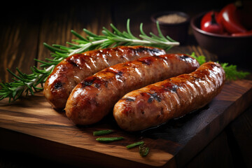 Wall Mural - Grilled juicy sausages with spices and rosemary