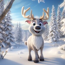 Cute Reindeer And Snowy White Christmas Landscape