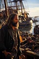 Poster - a man with long hair and beard standing on a dock with boats in the background