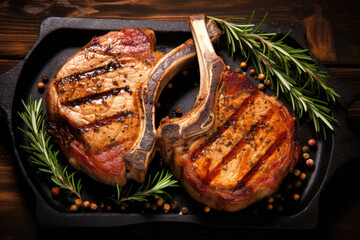 Wall Mural - Grilled or pan fried pork chops on the bone with garlic and rosemary