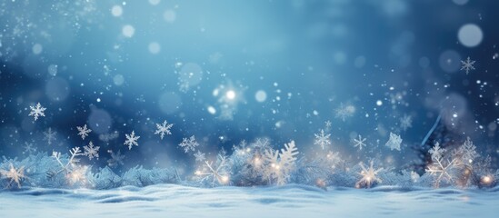 Wall Mural - Wintry scene with snowflakes soft lights blue sky backdrop perfect for Christmas time