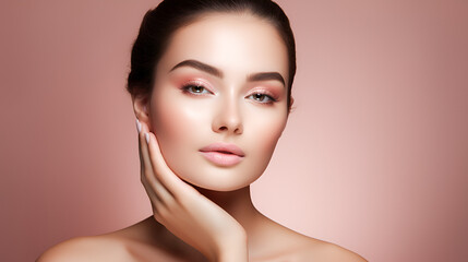 Beauty woman with healthy skin looks at the camera and touches her face with her hands. natural makeup of a young beautiful model on a pink studio background with copy space. cosmetic concept